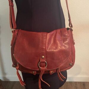 Lucky Brand Leather Saddle Crossbody Bag Large Y2K Handbag Red Brown 13.5"x10"